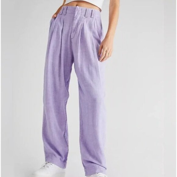 Free People Linen Trousers Calla Pleated Size 0 Purple Straight Leg Pants - Picture 1 of 15